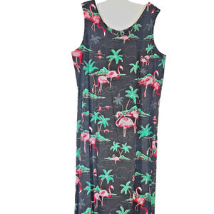 Vintage Hawaiian Dress Womens XL Tropical Flamingo Sleeveless Vacation Beachy